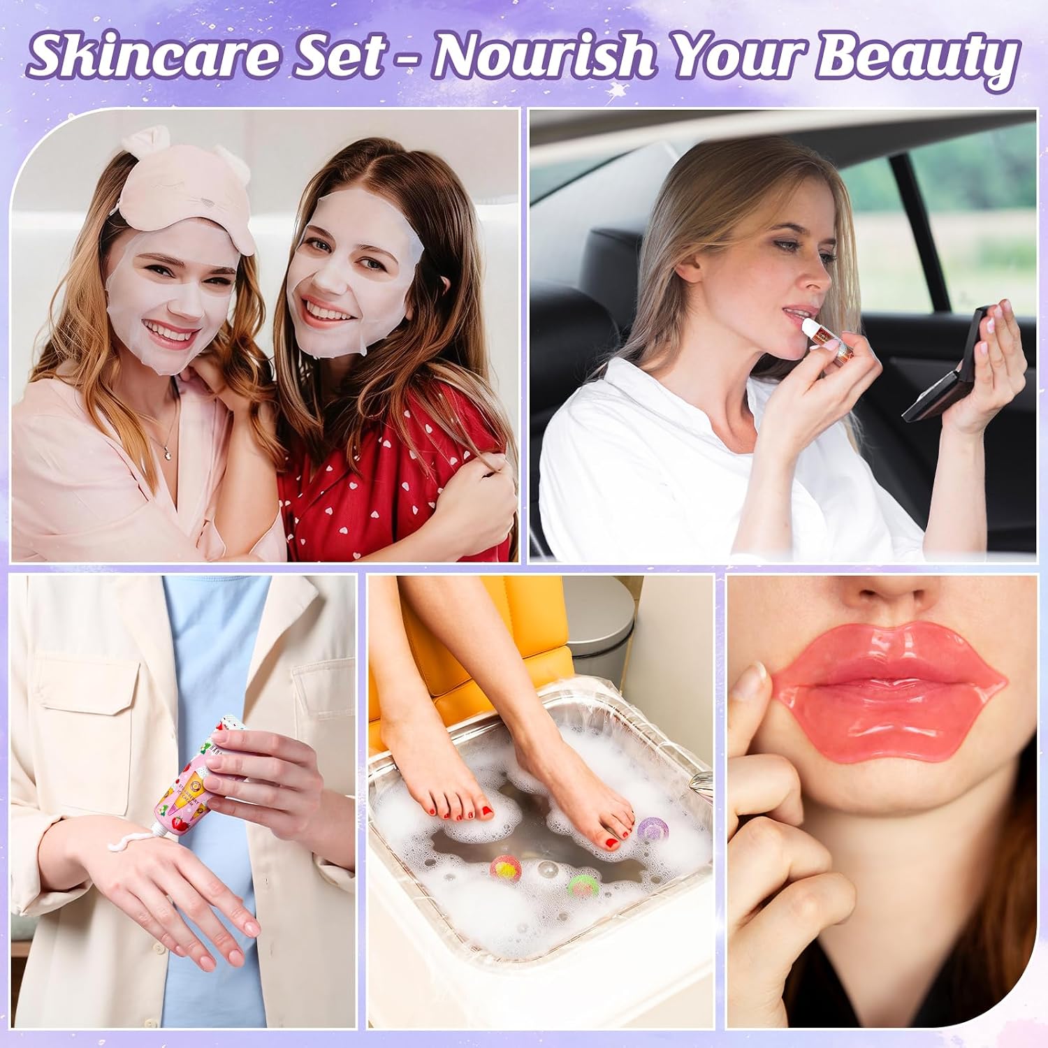 80pcs spa party favors, include face masks, lip balm, hand cream, under eye patches, lip mask, foot bath bombs, hair bands, sleepover spa party supplies, birthday kit for women girls gift skincare set - view 5