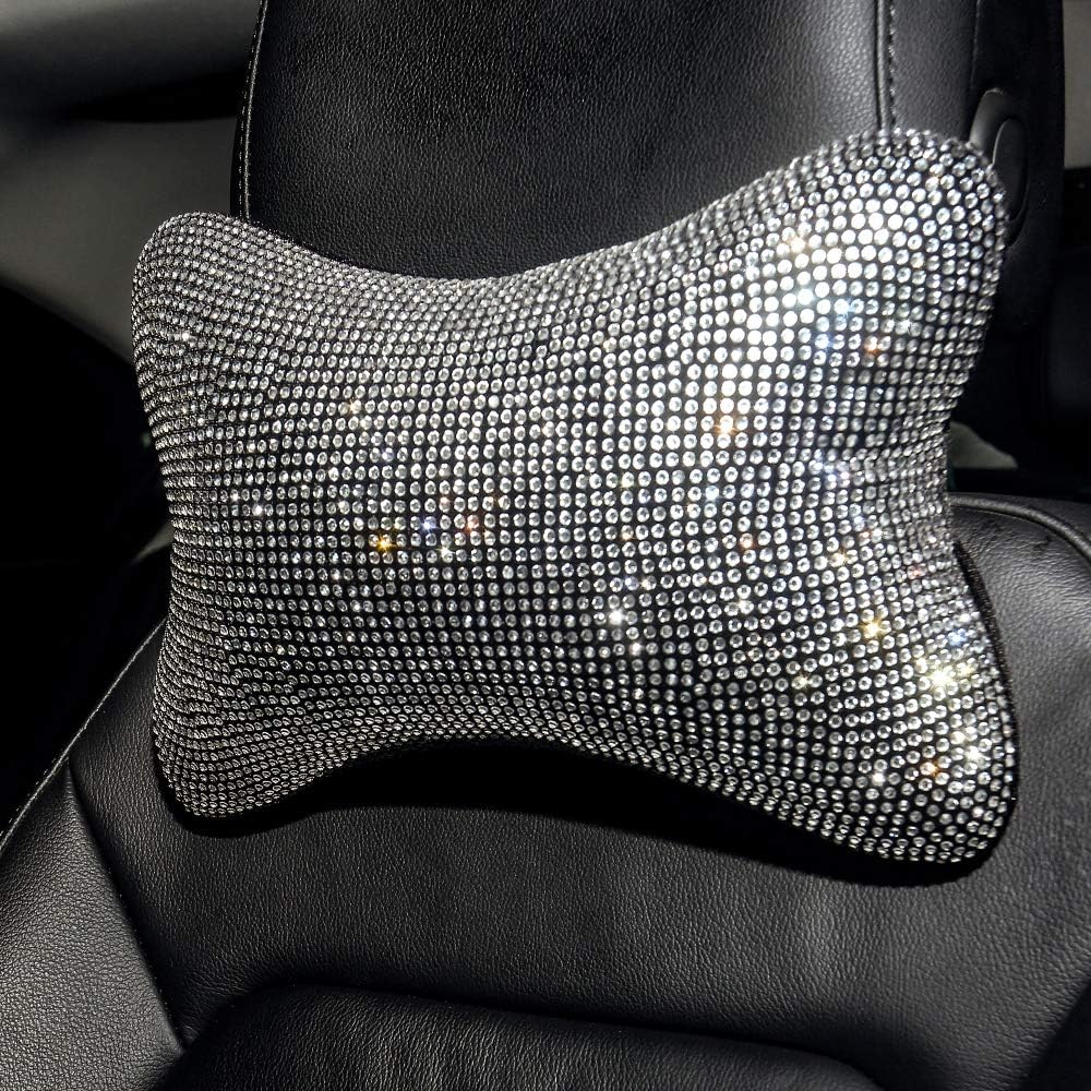 2 pack car neck pillow for driving seat auto headrest cushion head rest neck support relax crystal rhinestone diamond interior bling accessories for women girly comfortable white. - view 4