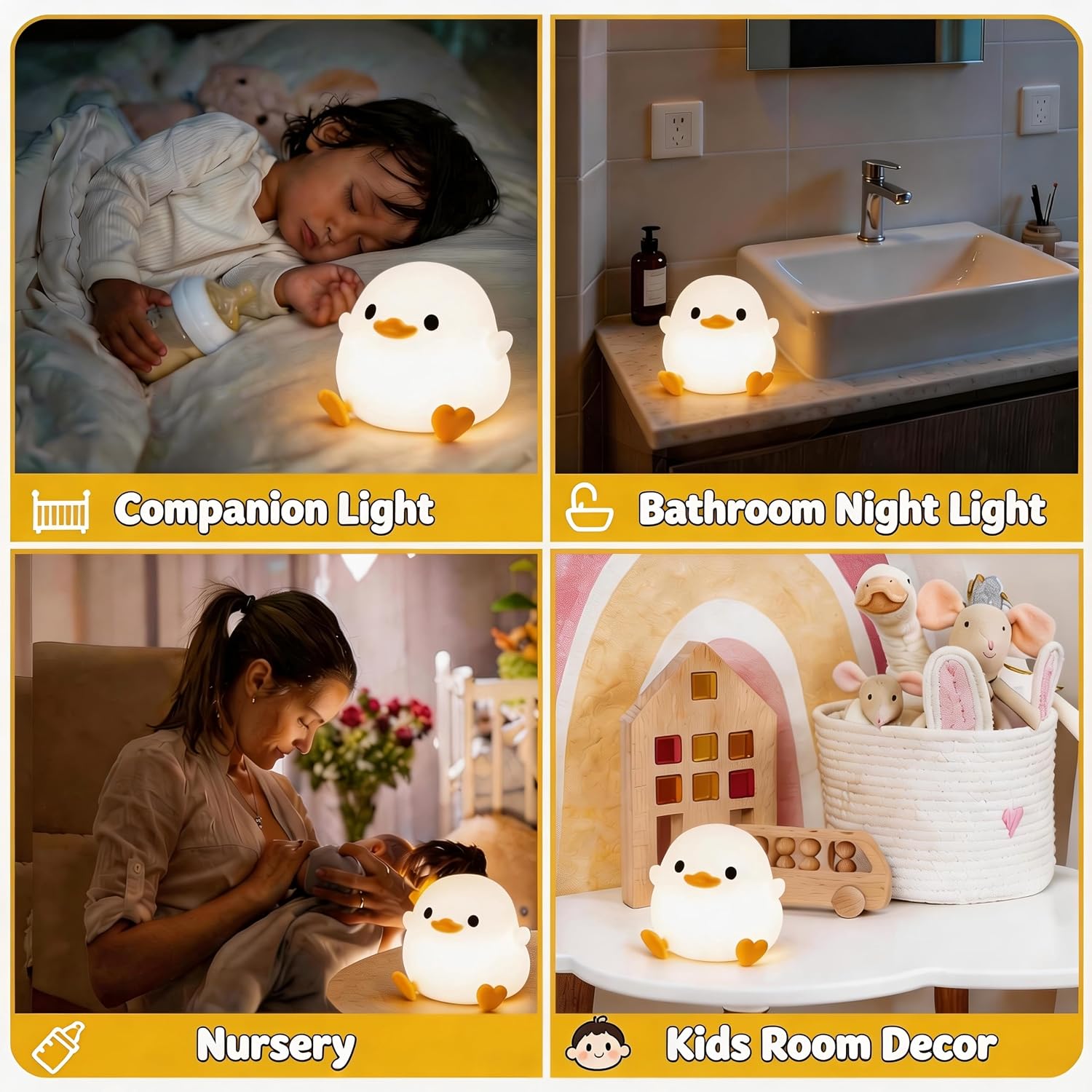 Duck night light, cute duck lamp, silicone dimmable nursery nightlight, rechargeable LED bedside lamp with 20 minutes timer & tap control baby girls women bedrooms, living room - view 3