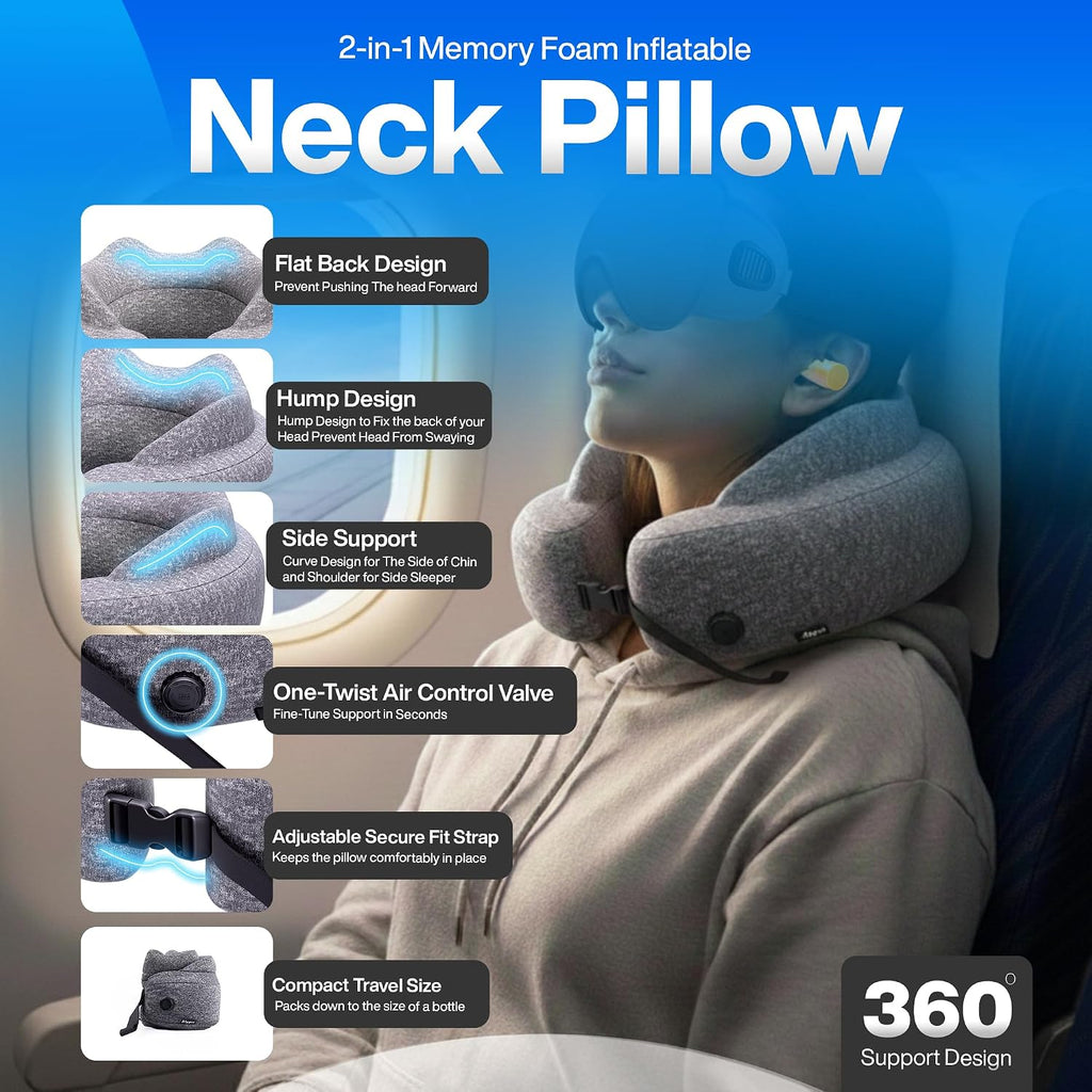 4-in-1 Travel Comfort Set Inflatable Neck Pillow, Convertible Lumbar Support & Foot Hammock, 3D Sleep Mask & Ear Plugs Complete Comfort Kit for Airplane, Office & Car Gift-Ready (Gray) - view 3