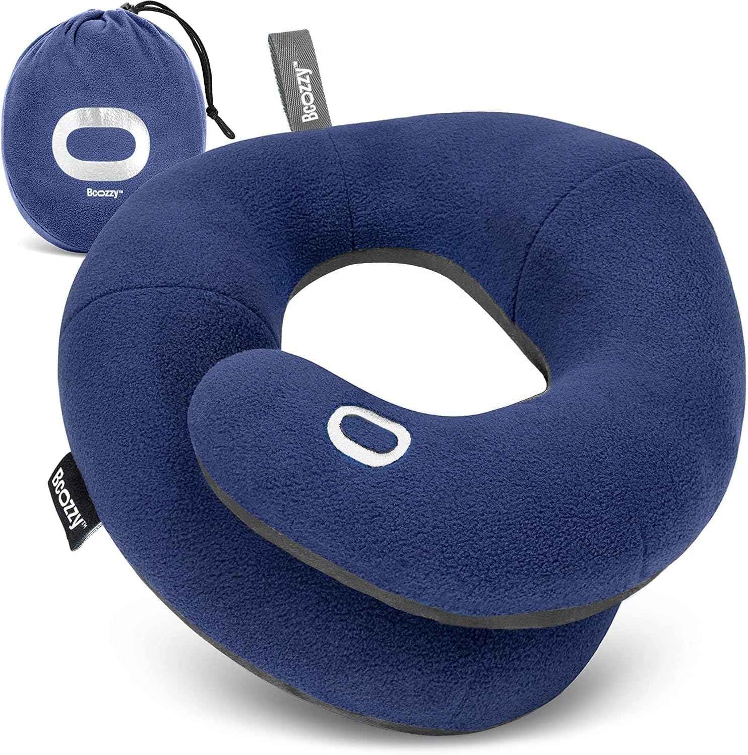 Travel neck pillow for airplane – patented double support for head, neck, and chin. Best for long flights, plane sleeping, and car rides. Adjustable size. Fully washable. Carry bag. Large, navy