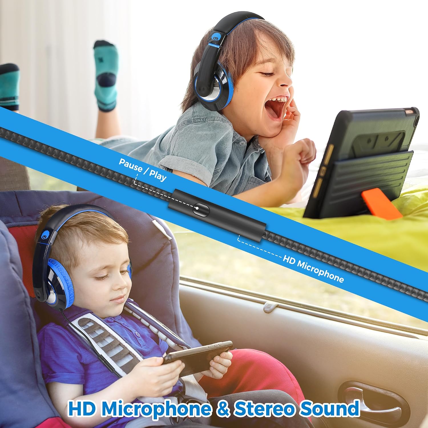 Comfort+ Kids Headphones with Microphone, Boys Girls Student Over-Ear Headphones Wired Foldable for School Classroom Laptop PC Computer Tablet Black Blue - view 5