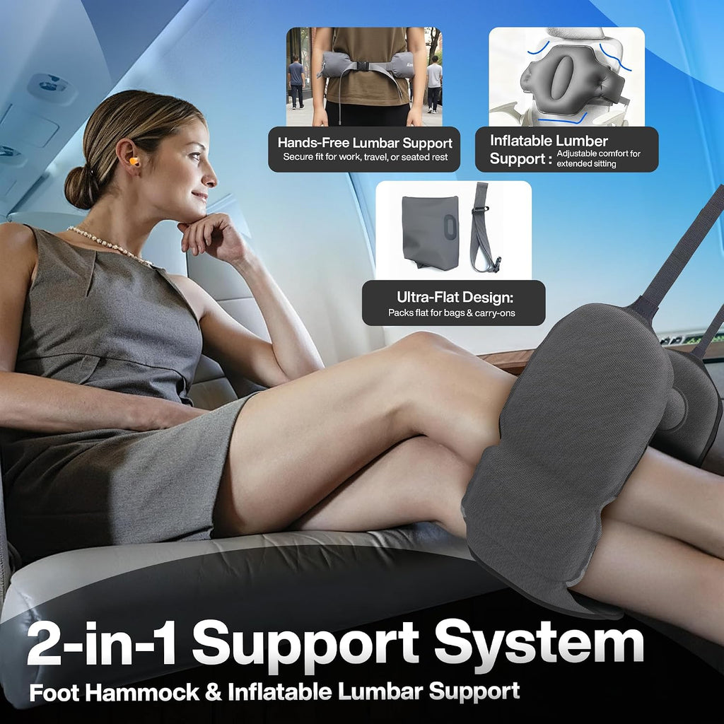 4-in-1 Travel Comfort Set Inflatable Neck Pillow, Convertible Lumbar Support & Foot Hammock, 3D Sleep Mask & Ear Plugs Complete Comfort Kit for Airplane, Office & Car Gift-Ready (Gray) - view 5