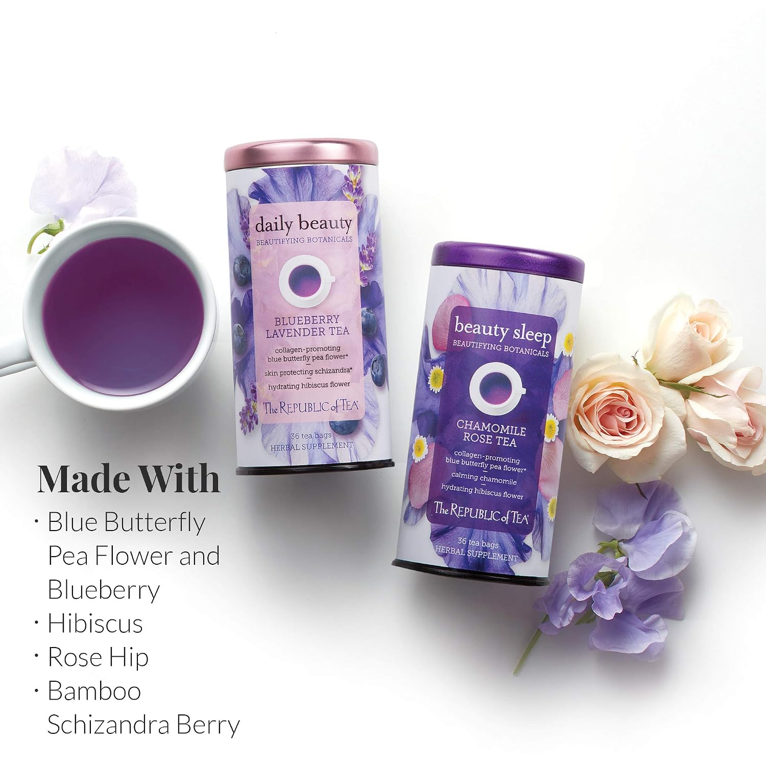 The republic of tea beautifying botanicals daily beauty herbal tea, 36 ct | Caffeine free. Suitable for day or evening sipping. Bright and tart with notes of soft florals. Gluten free and kosher. - view 3