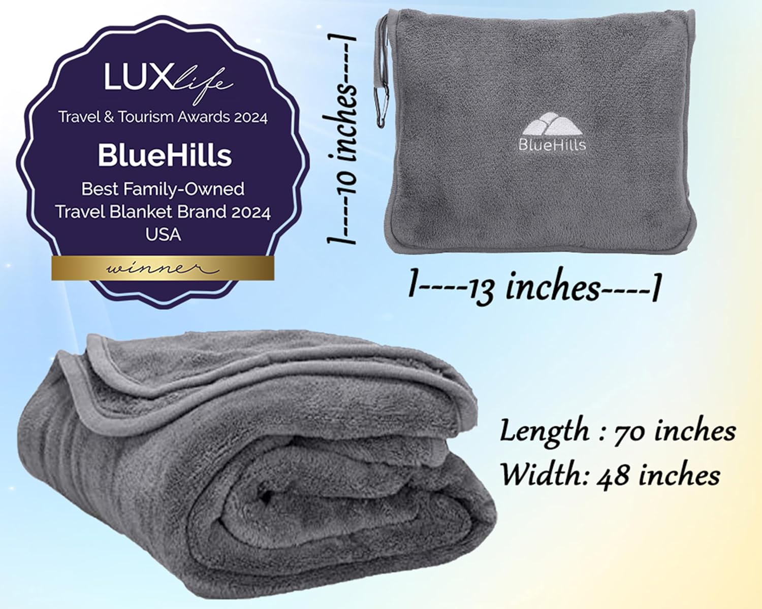 Premium Soft Long Travel Blanket Pillow Airplane Large Size Gray | 70 X 48 Large Travel Blanket, Soft Bag Pillowcase, Hand Luggage Belt & Backpack Clip, Long Flight Essentials, Travel Gifts - view 5
