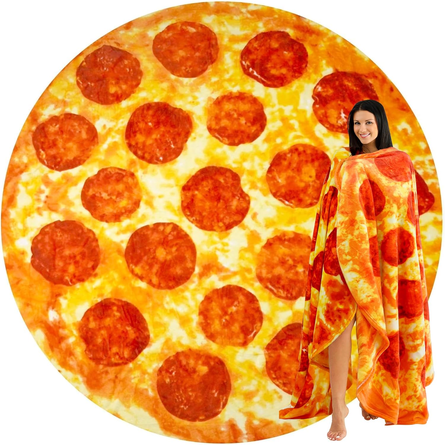 Pepperoni pizza blanket - novelty throw adult and kids - premium soft flannel round pepperoni cover for indoors, outdoors, travel, home 285 GSM - 71 inches