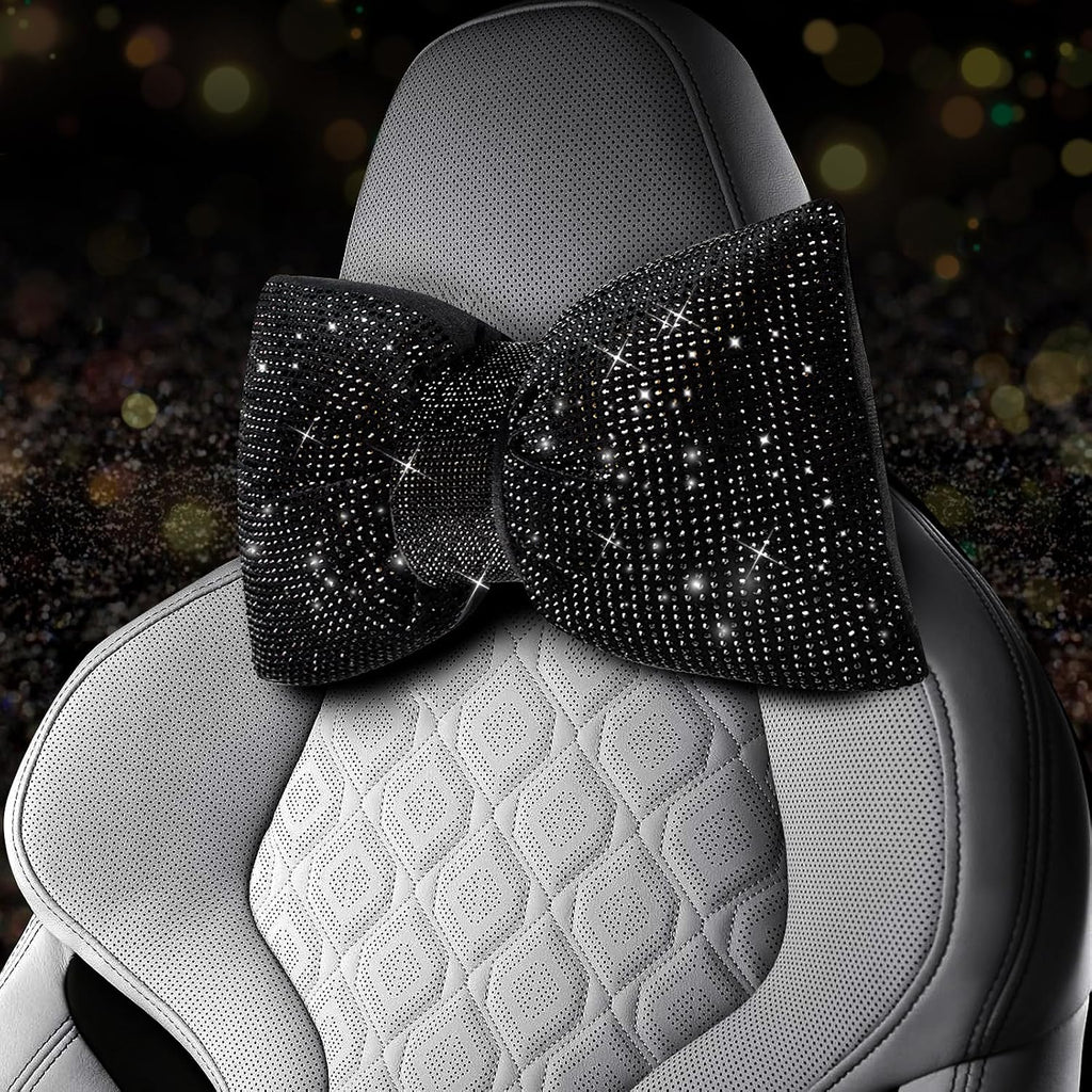 2 pcs bling car pillows, rhinestones bowknot car headrest pillow, black, car neck pillow for driver relax neck support, sleeping travel support neck pillow, diamond interior accessories for women - view 6