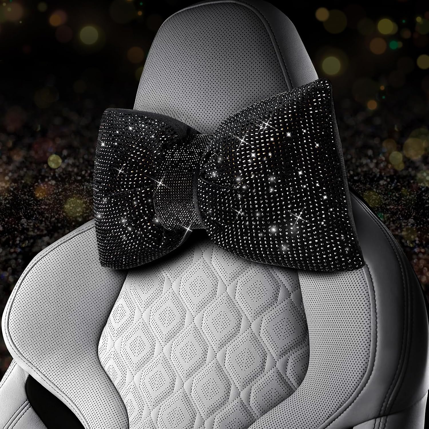 2 pcs bling car pillows, rhinestones bowknot car headrest pillow, black, car neck pillow for driver relax neck support, sleeping travel support neck pillow, diamond interior accessories for women - view 6