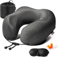 Airplane travel neck pillow for sleeping, 3D-eye mask & earplugs kit | 3-in-1 travel kit, eye mask + earplugs, curved neck & chin support, rope lock fit, memory foam keeps it's shape