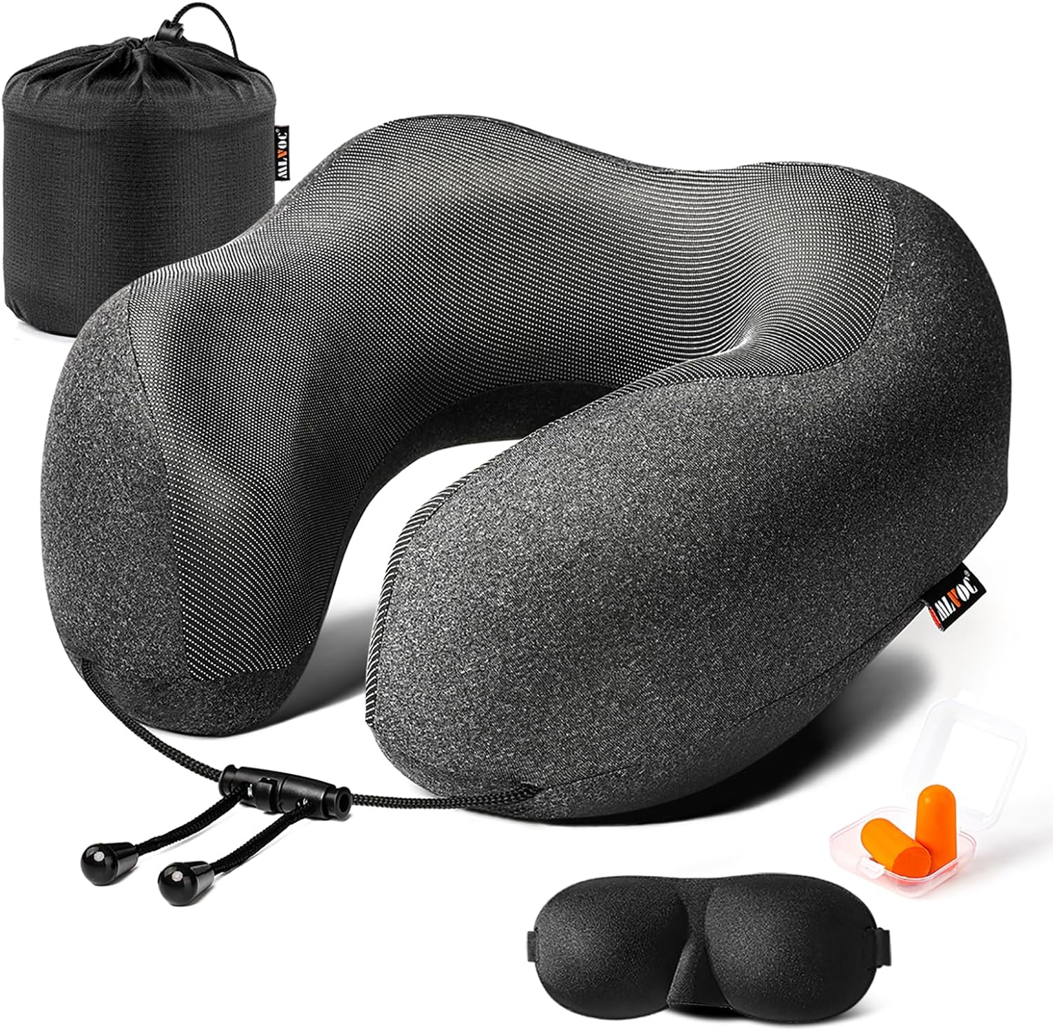 Airplane travel neck pillow for sleeping, 3D-eye mask & earplugs kit | 3-in-1 travel kit, eye mask + earplugs, curved neck & chin support, rope lock fit, memory foam keeps it's shape