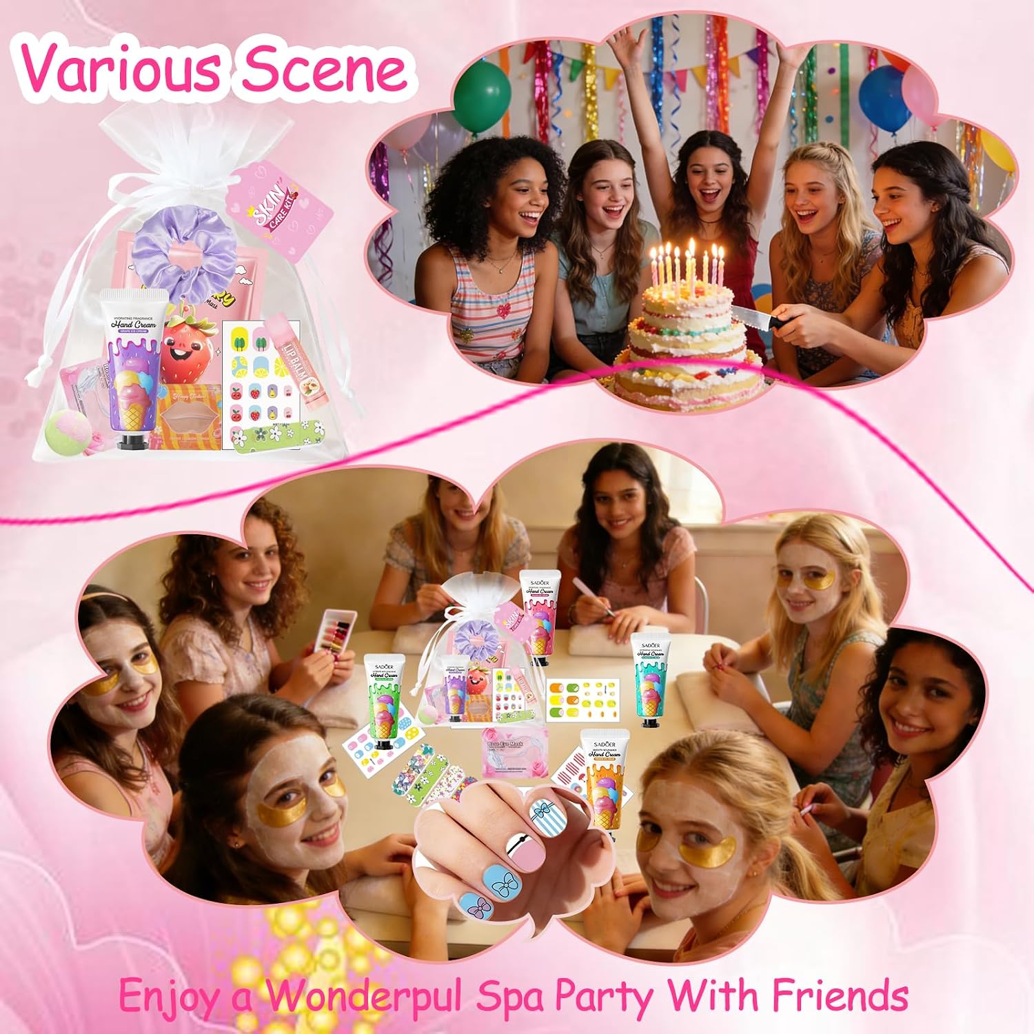 96 pcs spa party supplies for women, spa favors include face masks, hand cream, lip balm, under eye patches, lip mask, foot bomb, nail stickers, sleepover party supplies birthday kit for girls gift set - view 5