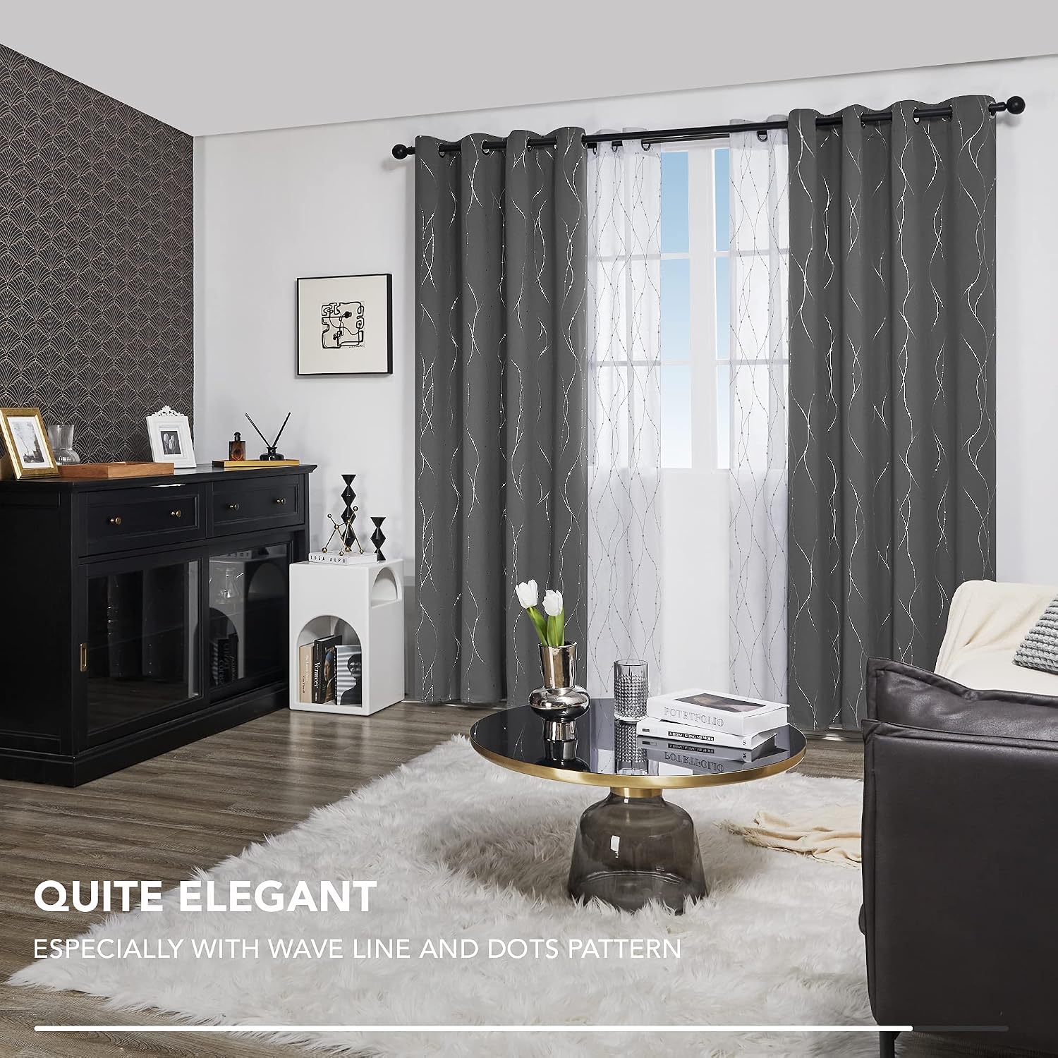 Blackout Curtains, Light Grey Thermal Grommet Drapes, Silver Wave Dots Foil Print, Thermal Window Panels, 52" W x 84" L, 2 Panels, for Bedroom Living Room Nursery Office - view 2