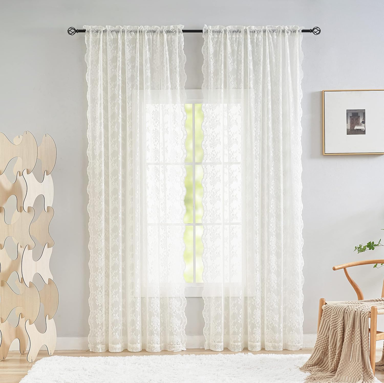 Vintage Lace Curtains 84 Inches Long-Victorian Floral Pattern Ivory Sheer Curtain Panels for Living Room Bedroom French Door, Light Filtering Drapes, 2 Panels 52W x 84L Cream - view 2