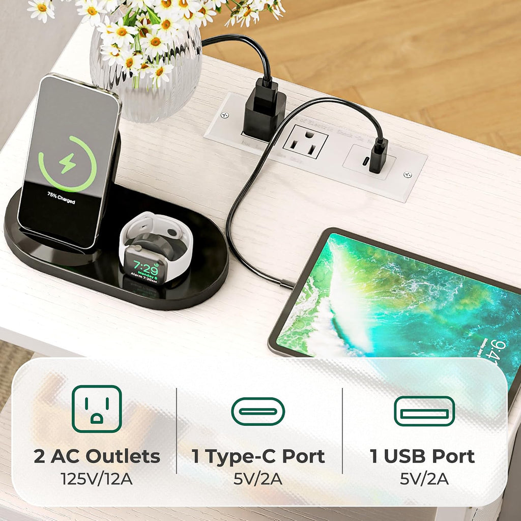 Nightstand with charging station, side table with 2 fabric drawers, end table with open shelf, bedside table with USB-C port and outlets, night stand, PU leather, White - view 4