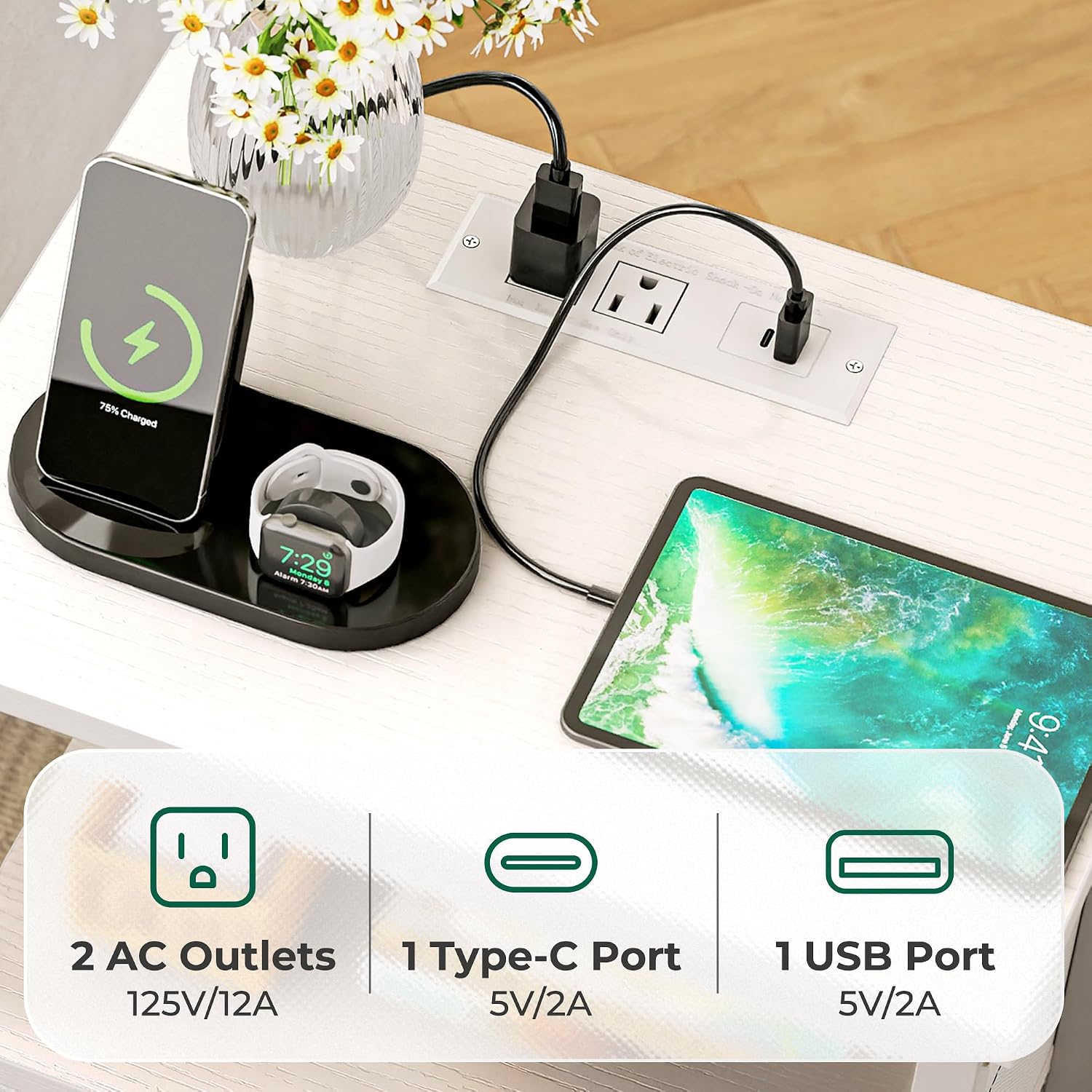 Nightstand with charging station, side table with 2 fabric drawers, end table with open shelf, bedside table with USB-C port and outlets, night stand, PU leather, White - view 4