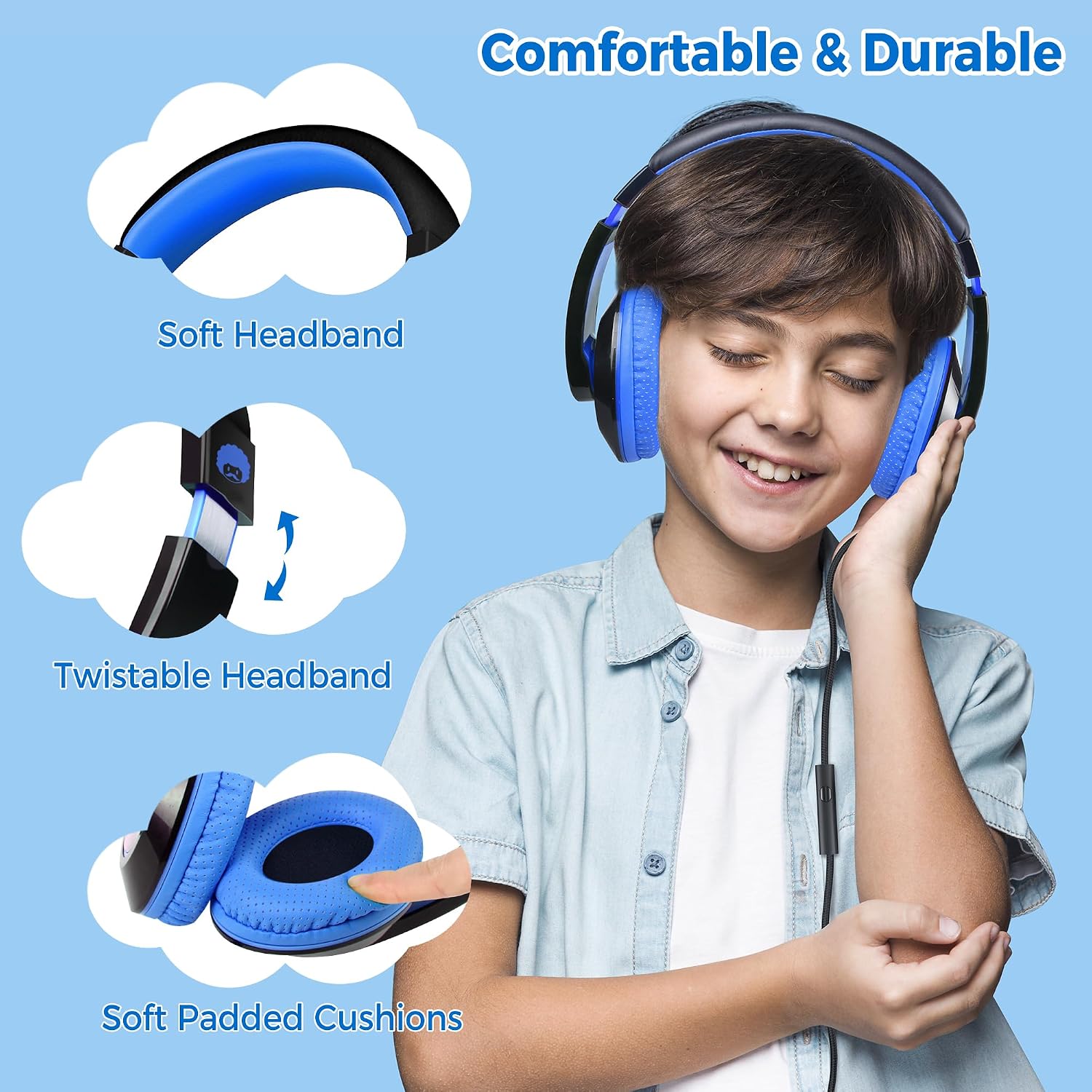 Comfort+ Kids Headphones with Microphone, Boys Girls Student Over-Ear Headphones Wired Foldable for School Classroom Laptop PC Computer Tablet Black Blue - view 3