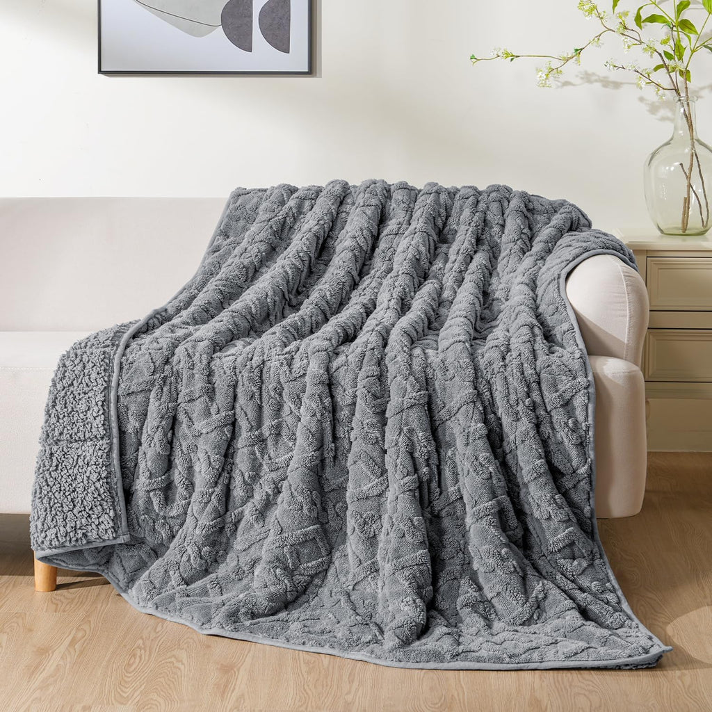 Jacquard Weighted Blankets for Adults Queen Size 15lbs, Dual-Sided Soft Sherpa Heavy Blanket, Thick Blanket Throw for Sleeping, 60 x 80 Inches, Light Grey