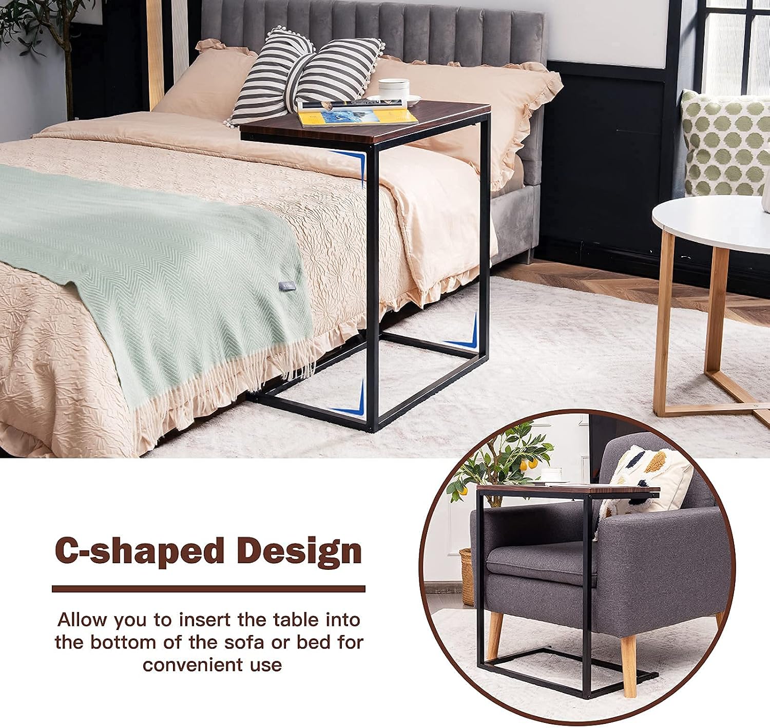 C Shaped End Table, Couch Sofa Side TV Tray for Coffee Snack Laptop, Vintage Bedside Table for Living Room, Bedroom - view 8