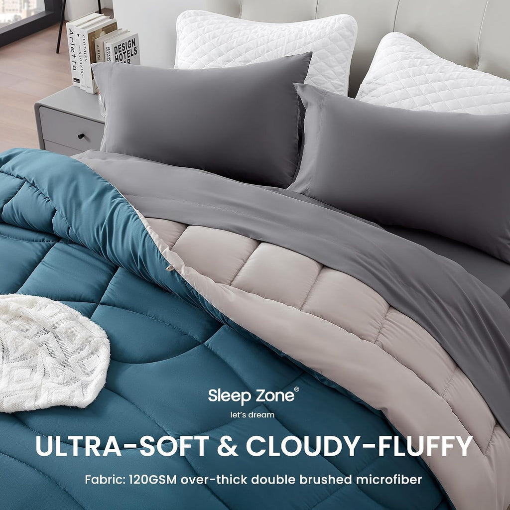Comforter duvet insert, queen size quilted reversible comforters, soft all season duvet, down alternative breathable bedding with 8 tabs, 2 sides teal gray 88 x 88 inches - view 3