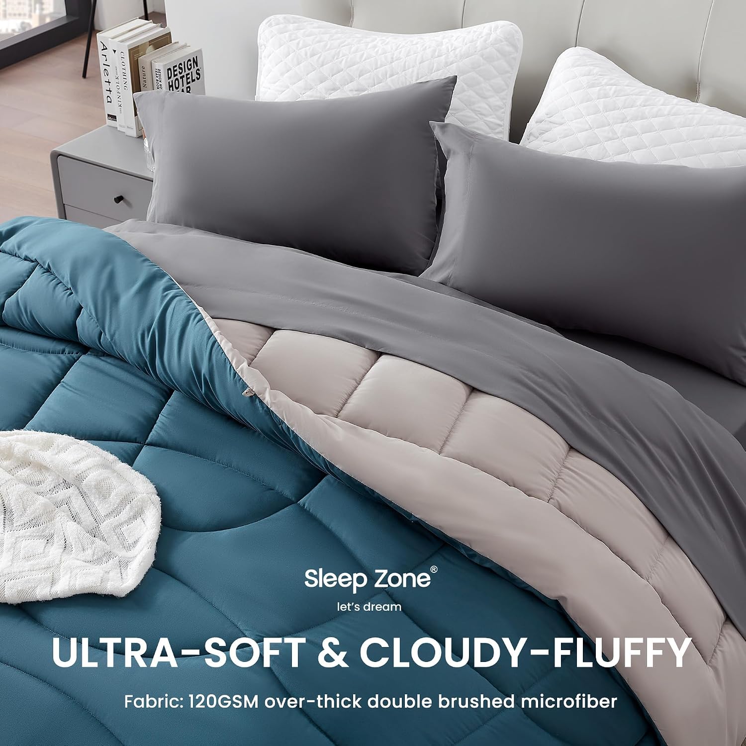 Comforter duvet insert, queen size quilted reversible comforters, soft all season duvet, down alternative breathable bedding with 8 tabs, 2 sides teal gray 88 x 88 inches - view 3
