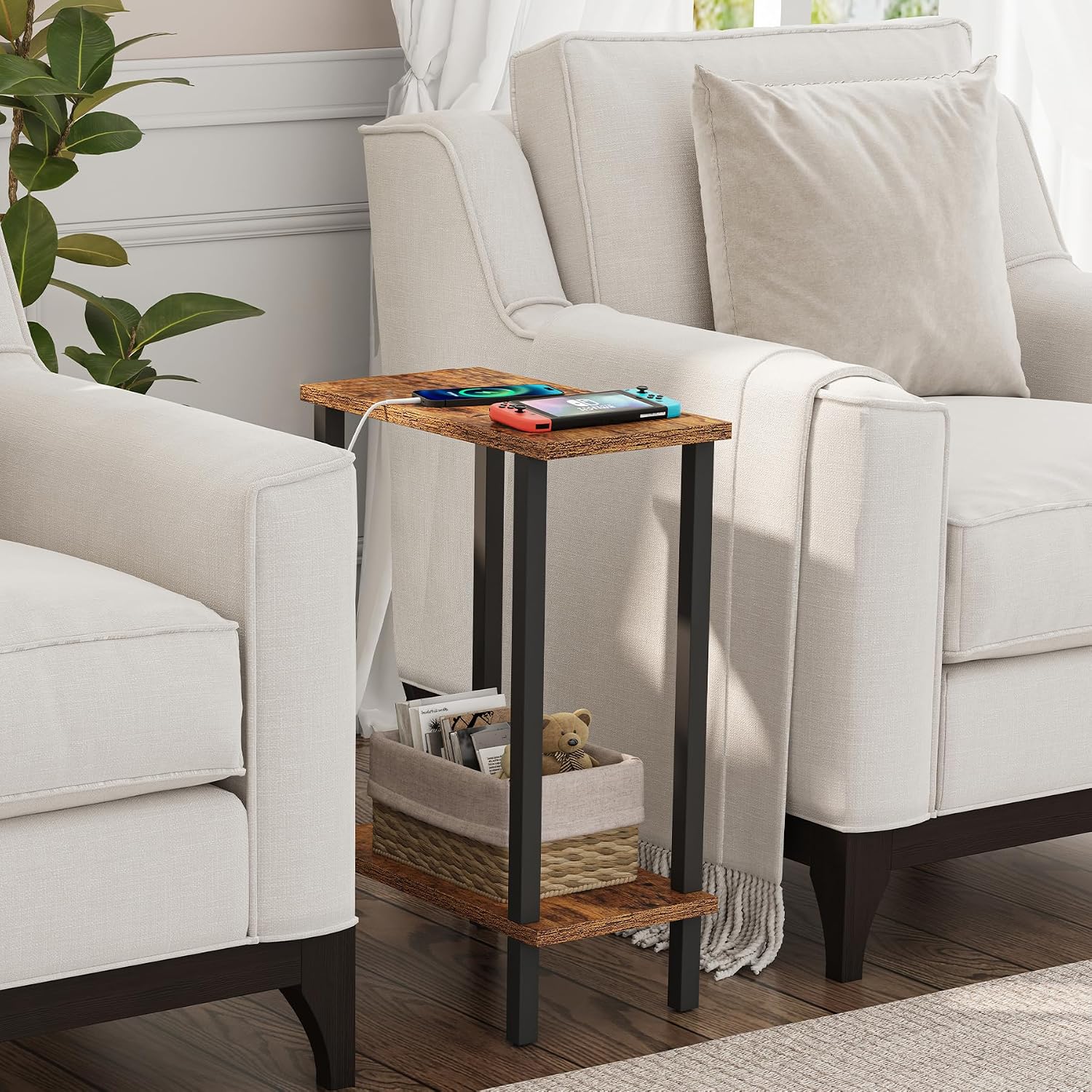Narrow Side Table, 2-Tier Small End Table for Couch | Skinny Sofa Table, Slim Nightstand, Easy Assembly for Living Room, Bedroom, Brown TB01BB062 - view 4