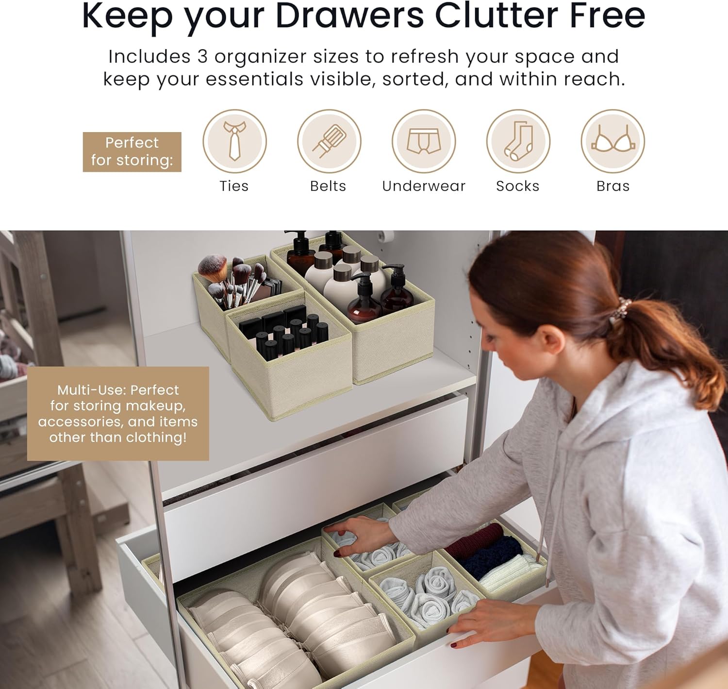 Reli. Drawer Organizers Clothes 14 Pack | Foldable Dresser Drawer Organizer | Beige Dresser Drawer Organizers | Fabric Drawer Dividers, Foldable Closet Storage Bins, Socks, Underwear, Ties, Bras, Nursery - view 3