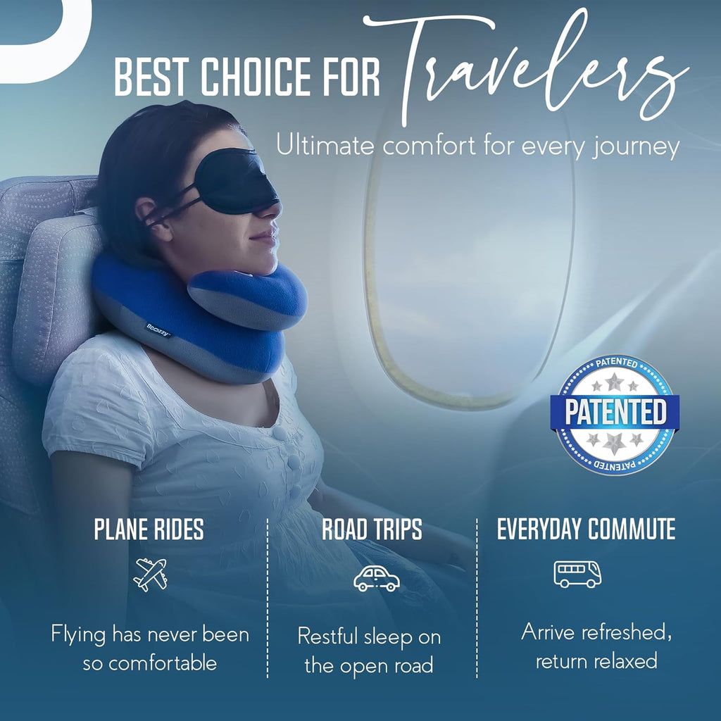Travel neck pillow for airplane – patented double support for head, neck, and chin. Best for long flights, plane sleeping, and car rides. Adjustable size. Fully washable. Carry bag. Large, navy - view 6