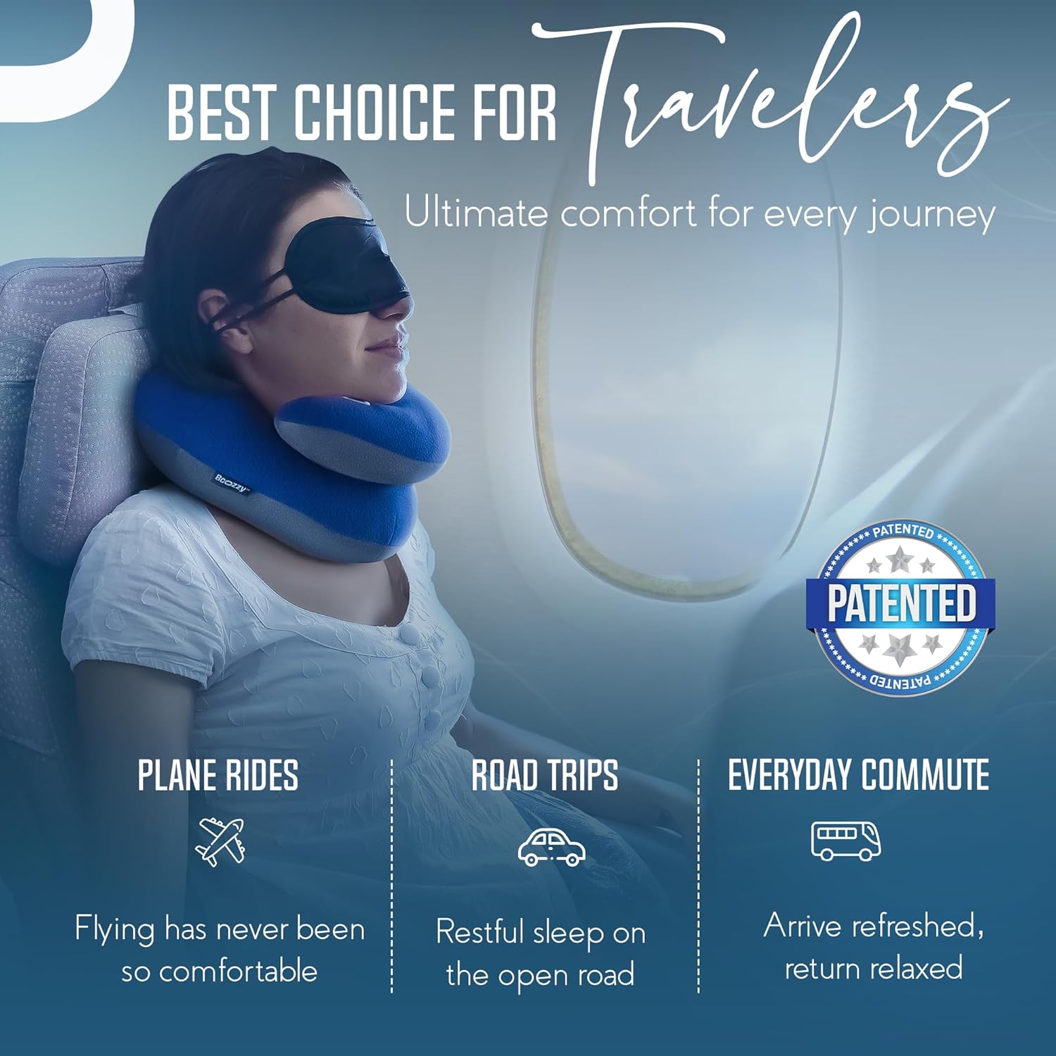 Travel neck pillow for airplane – patented double support for head, neck, and chin. Best for long flights, plane sleeping, and car rides. Adjustable size. Fully washable. Carry bag. Large, navy - view 6