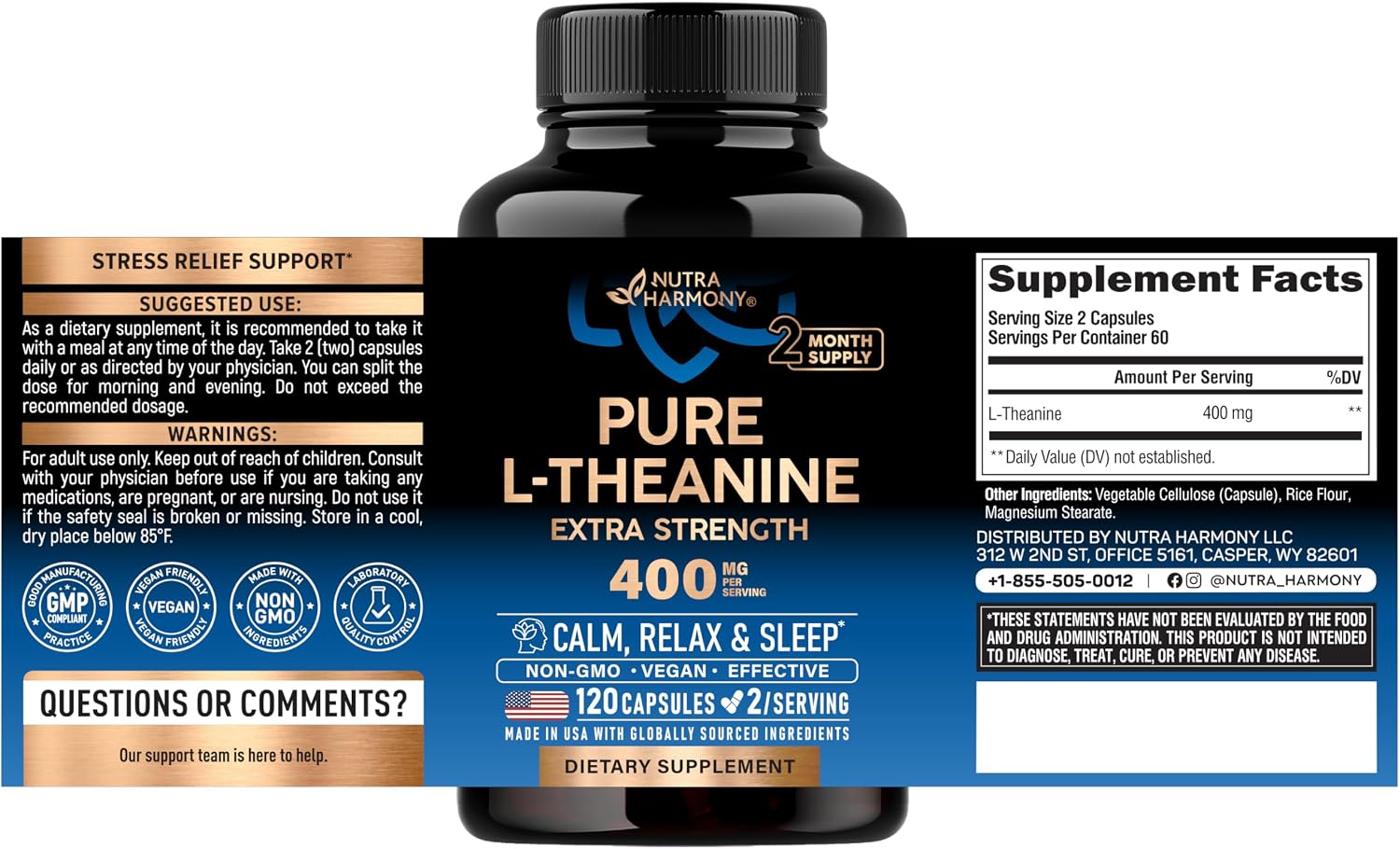 L-theanine 400 mg - L theanine for stress relief - plant based - 120 caps, extra strength L theanine supplement for men & women - relaxation, sleep & calm support - lab tested, vegan, non-GMO - view 2