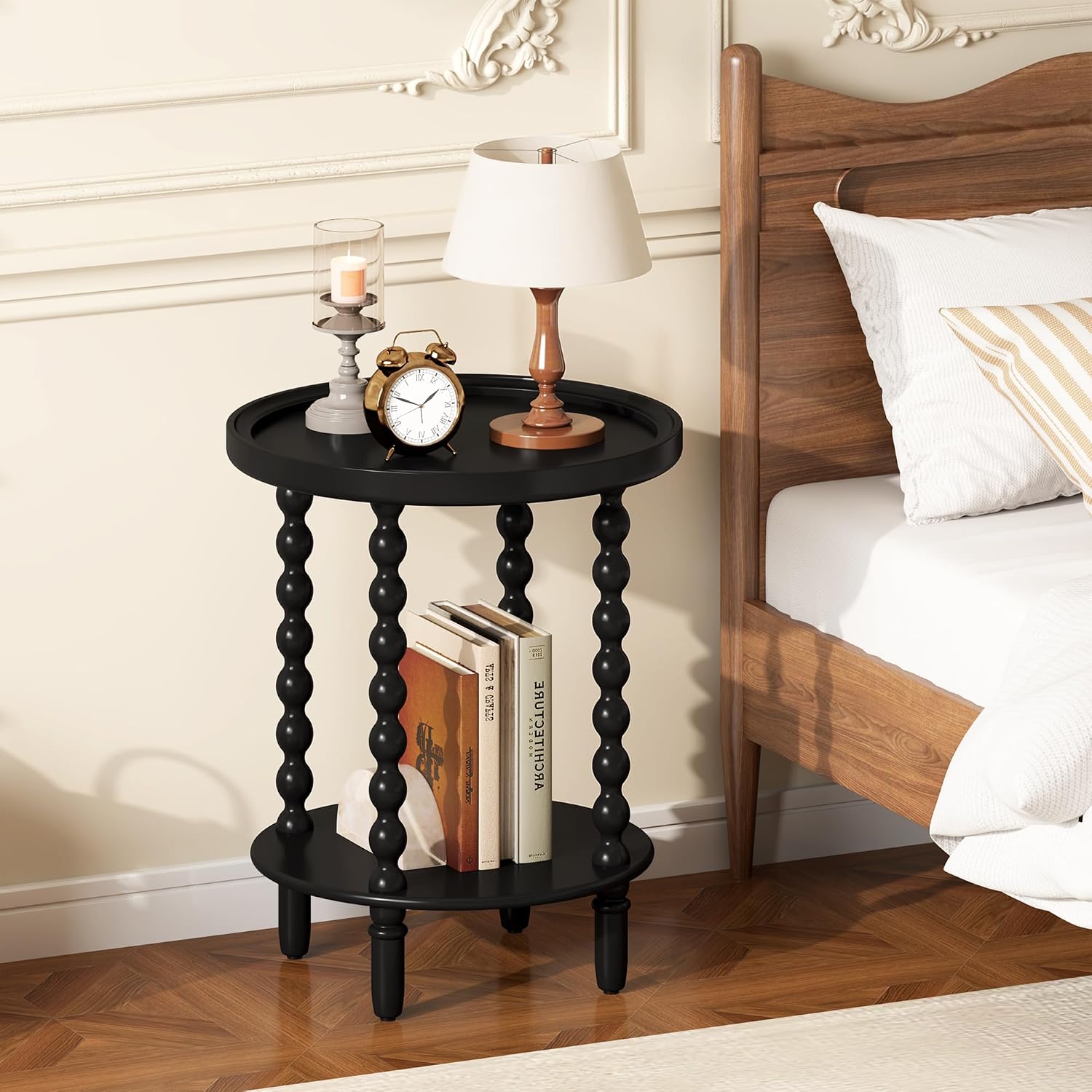 2 Tier Round Side Table with Storage Shelf,Accent Tray End Table with Modern Pedestal Legs, Nightstand Bedside Sofa Table for Living Room Bedtoom Apartment, Black - view 3
