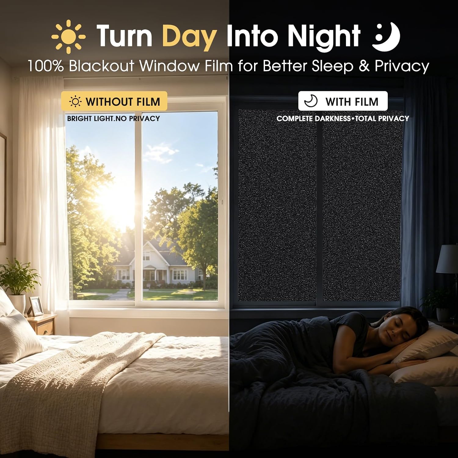 Blackout window privacy film, room darkening, 17.5" x 78.7" | 100% light blocking, no glue static cling removable, heat & UV blocking, renter friendly cover for daytime sleep bedroom - view 4