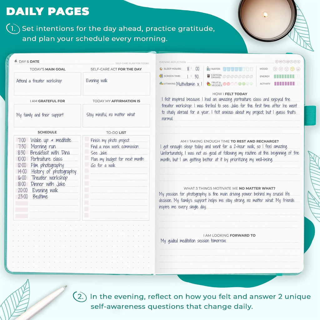 Self-care journal for women, daily planner 5.8x8.3 turquoise | 3-month mental health journal, habit tracker, wellness journaling supplies for women & teen girls, gratitude & mood log - view 4