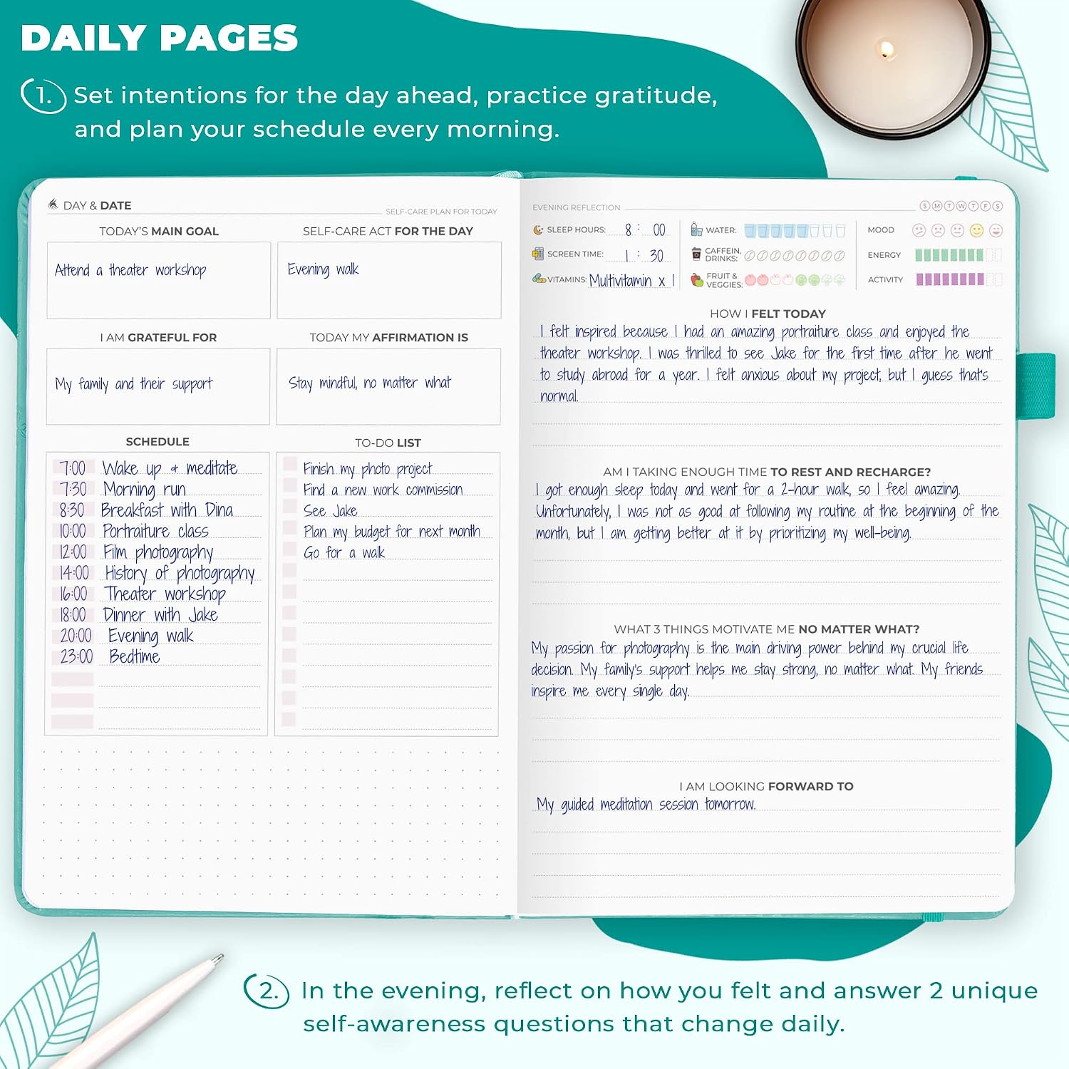 Self-care journal for women, daily planner 5.8x8.3 turquoise | 3-month mental health journal, habit tracker, wellness journaling supplies for women & teen girls, gratitude & mood log - view 4