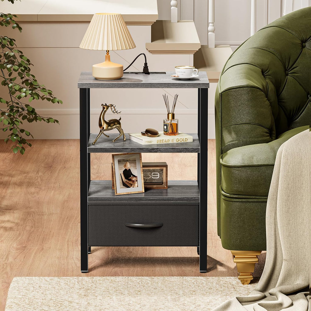 Nightstand with charging station, bed side table with adjustable fabric drawer, night stand for bedroom, 3-tier storage end table, for living room, Charcoal gray - view 7