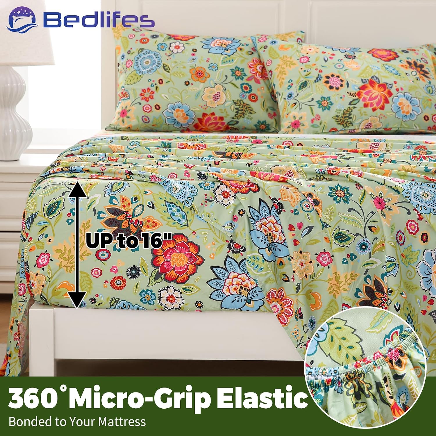 King Floral 4-Piece Sheet Set - Cooling Sheets Blend Rayon Derived from Bamboo,Soft & Breathable, Deep Pocket 16", Wrinkle Resistant - Vibrant Boho Floral Sage Green - view 4