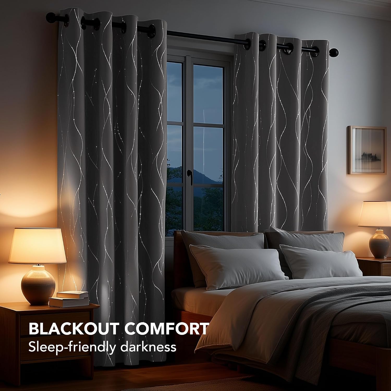 Blackout Curtains, Light Grey Thermal Grommet Drapes, Silver Wave Dots Foil Print, Thermal Window Panels, 52" W x 84" L, 2 Panels, for Bedroom Living Room Nursery Office - view 4