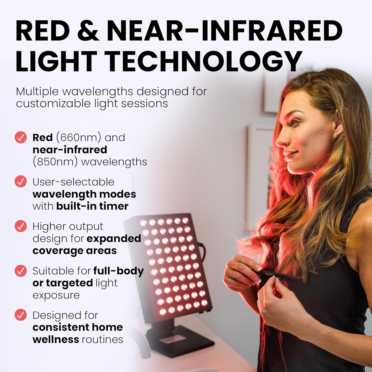 Red light therapy panel device – 660nm red & 850nm near infrared light therapy, LED light therapy lamp, 60 dual chip LEDs, timer, table top stand included – PRO300 - view 3