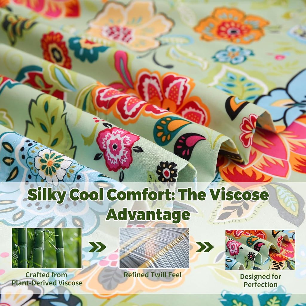 King Floral 4-Piece Sheet Set - Cooling Sheets Blend Rayon Derived from Bamboo,Soft & Breathable, Deep Pocket 16", Wrinkle Resistant - Vibrant Boho Floral Sage Green - view 5