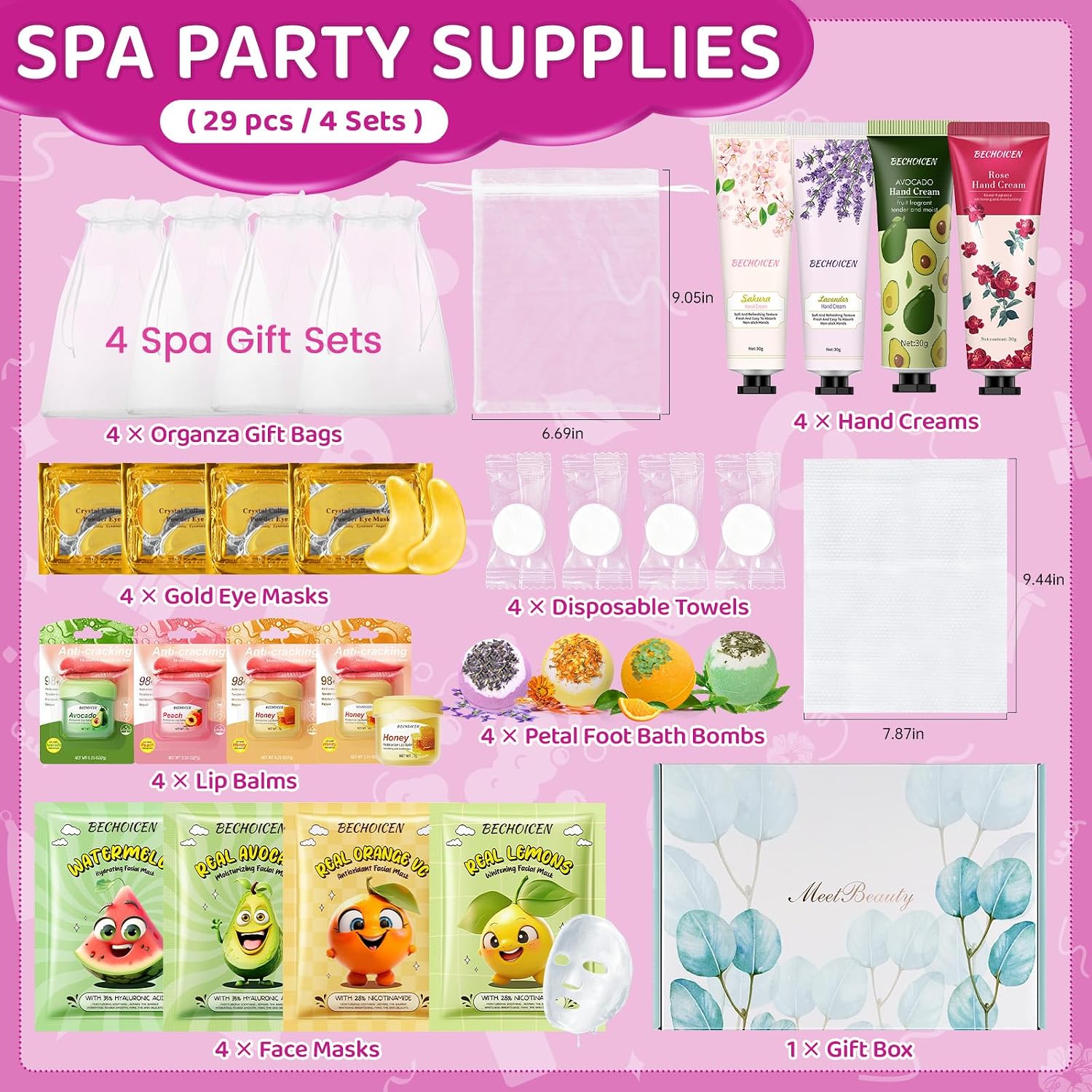 28pcs spa birthday party supplies, 4 set spa party favors kit with facial masks eye patches hand cream lip balm foot bath bombs, ideal gift for sleepovers & birthdays, safe for all skin types - view 2