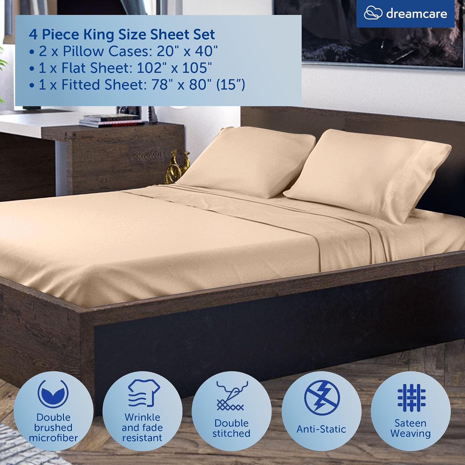 King Size Sheets Set - 4 pcs Breathable Cooling Sheets - up to 21" Extra Deep Pocket King Sheet Set with Side Pockets - Extra Soft 100% Brushed Hypoallergenic Hotel Luxury Bedding, Wheat | up to 21" Extra Deep Pocket King Sheet Set with Side Pockets - Ext - view 3