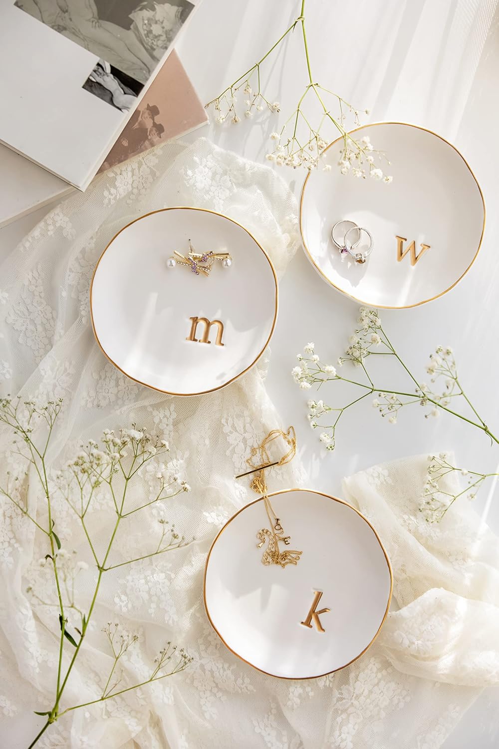 Ceramic Jewelry Tray, Trinket Dish, Gifts for Women (R) | Mother's Day, Birthday, Christmas, Engagement Gifts, Vanity, Nightstand Decor, Embossed Gold Monogram Ring Dish with Gift Box - view 5