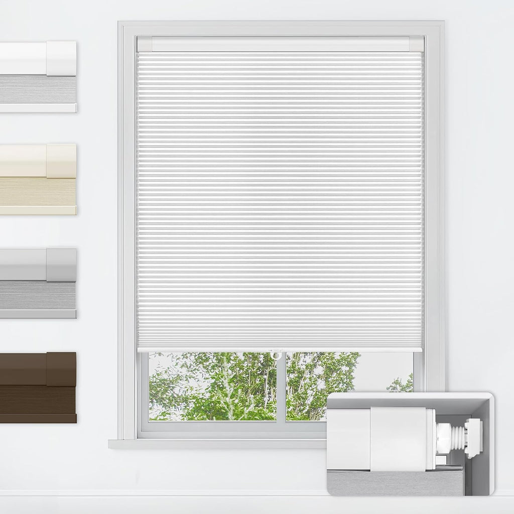 No drill cordless cellular shades, 22" W x 36" H, White | Blackout fabric protects privacy, with thermal insulation & noise reduction, safe cordless design for kids and pets