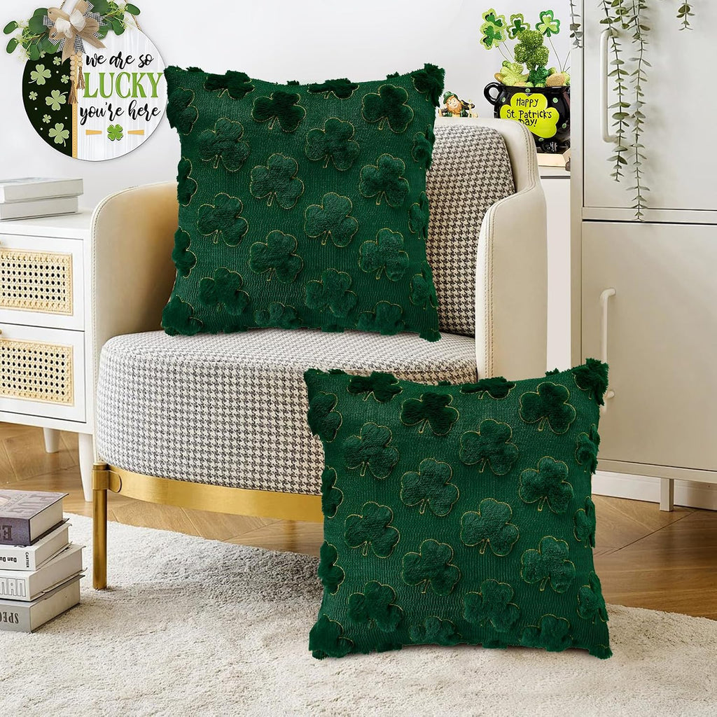 St Patricks Day Decorations Pillow Covers 18x18 inch Set of 2 Home Decor | Shamrock Shaped Pattern Faux Fur Soft Plush Home Decor St Patricks Pillow Case for Indoor Outdoor Sofa Bedroom Living Room - view 4