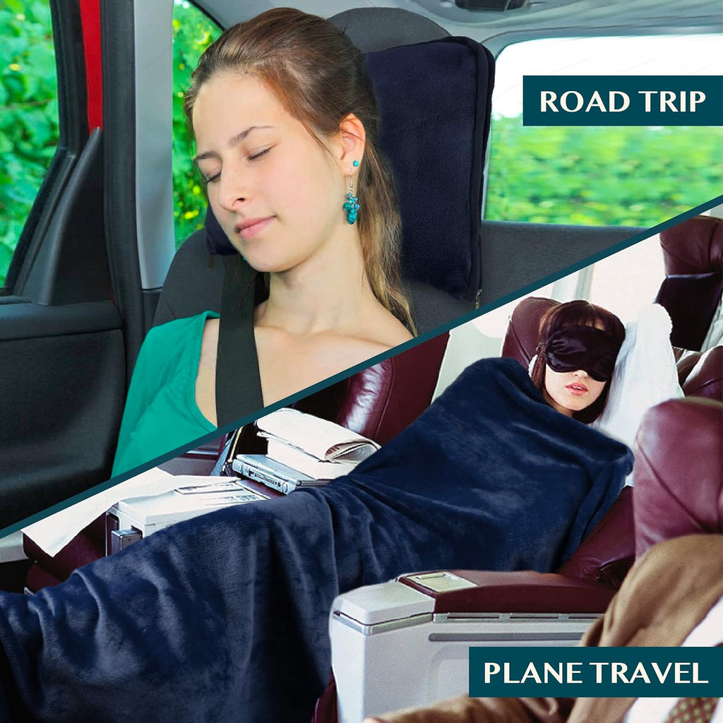 Travel Blanket Pillow, Soft Airplane Blanket 2-IN-1 Combo Set, Plane Blanket Compact Packable, Flight Essentials Car Pillow, Travelers Gifts Accessories Luggage Backpack Strap, 60x43 Navy Blue - view 5