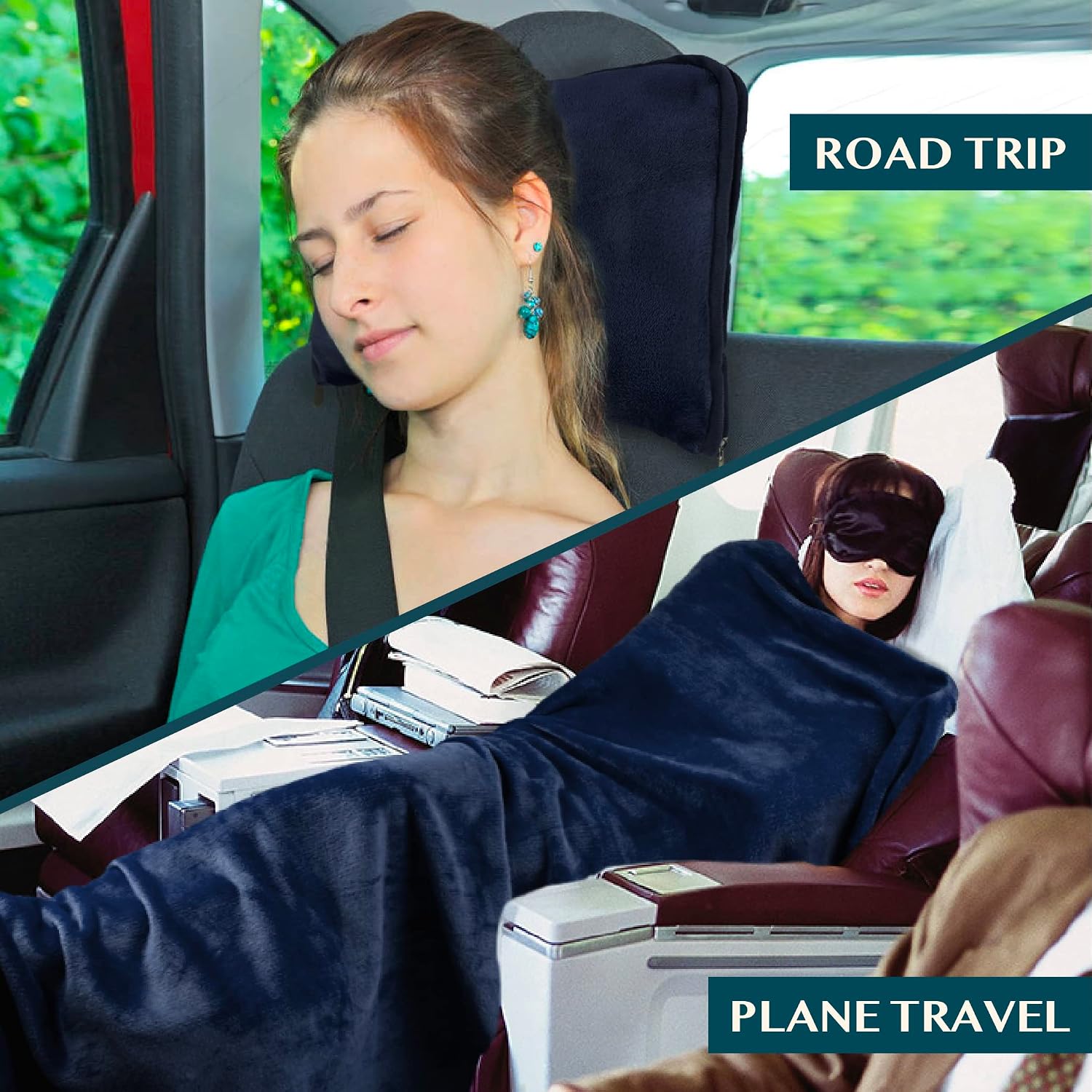 Travel Blanket Pillow, Soft Airplane Blanket 2-IN-1 Combo Set, Plane Blanket Compact Packable, Flight Essentials Car Pillow, Travelers Gifts Accessories Luggage Backpack Strap, 60x43 Navy Blue - view 5