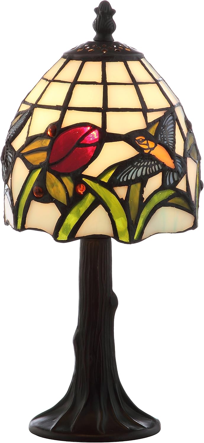 Hummingbird Tiffany-style table lamp 12" stained glass, bronze | handcrafted multicolored bell shade, traditional bedside accent desk lighting, metal base, LED bulb included