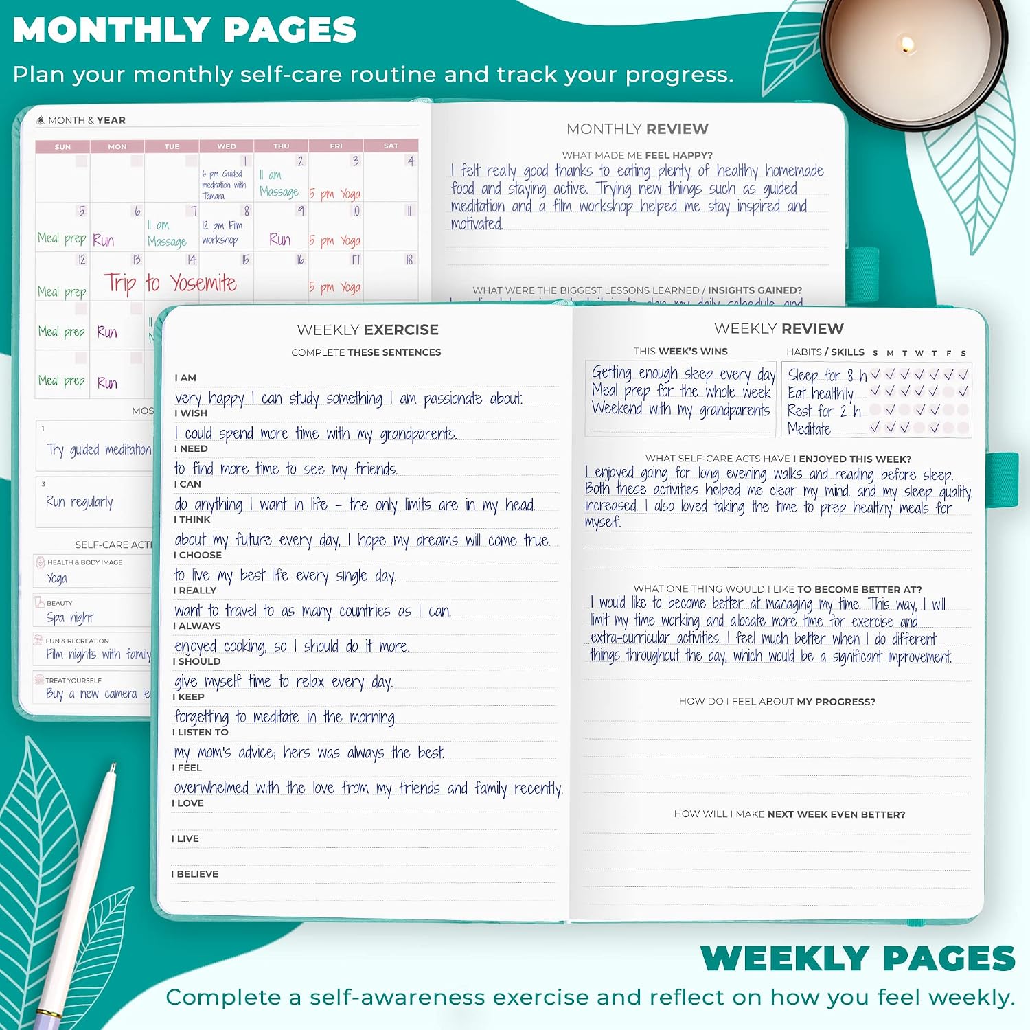 Self-care journal for women, daily planner 5.8x8.3 turquoise | 3-month mental health journal, habit tracker, wellness journaling supplies for women & teen girls, gratitude & mood log - view 3