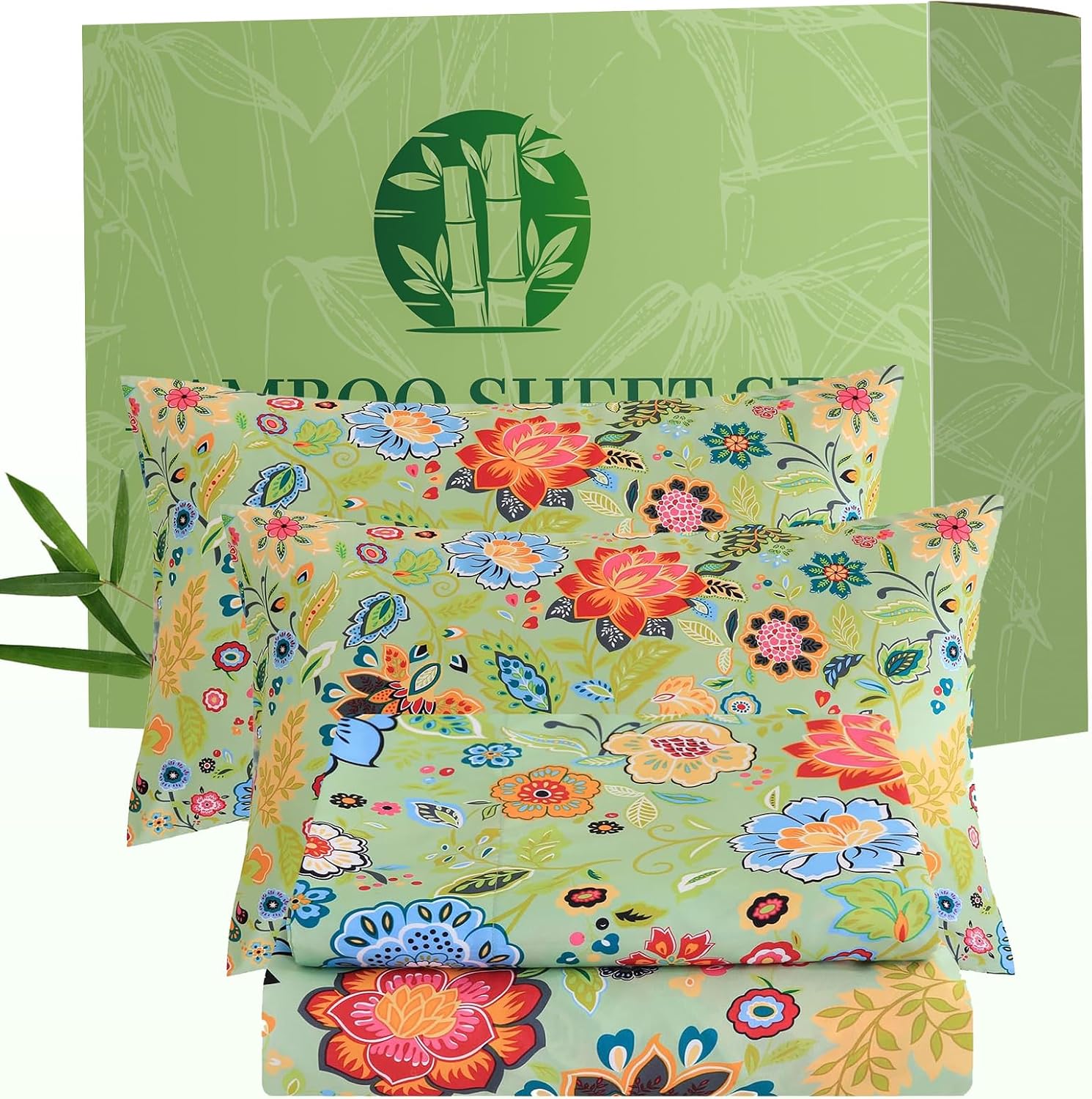 King Floral 4-Piece Sheet Set - Cooling Sheets Blend Rayon Derived from Bamboo,Soft & Breathable, Deep Pocket 16", Wrinkle Resistant - Vibrant Boho Floral Sage Green