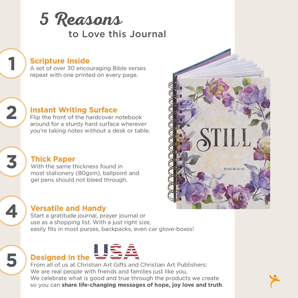 Spiral journal: be still and know - Psalm 46:10 | women gifts, hardcover notebook, wide ruled notebook, christian journal, 192 lined pages, floral, purple (8.4" x 6.4" x 1") - view 2