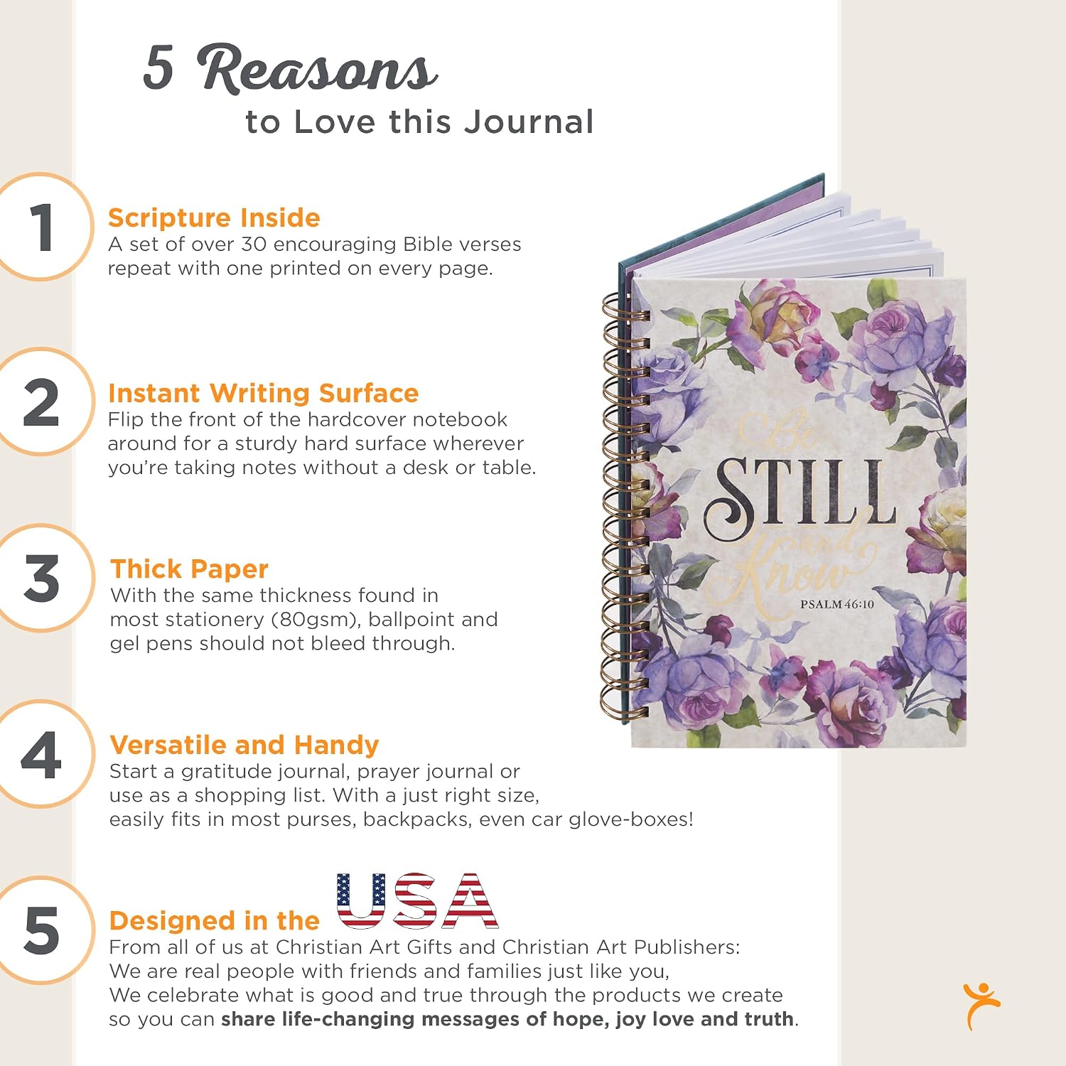 Spiral journal: be still and know - Psalm 46:10 | women gifts, hardcover notebook, wide ruled notebook, christian journal, 192 lined pages, floral, purple (8.4" x 6.4" x 1") - view 2